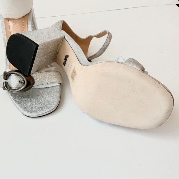 COACH Maya Signature C-Buckle Metallic Silver Leather Sandals Block Heel Pumps 6 - Picture 8 of 12
